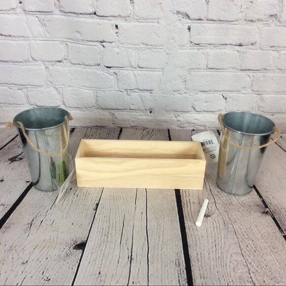 Lot of 3 Farmhouse Chic Decor 2 Galvanized Pails 1 Wood Box/Planter Chalkboard - Picture 2 of 7